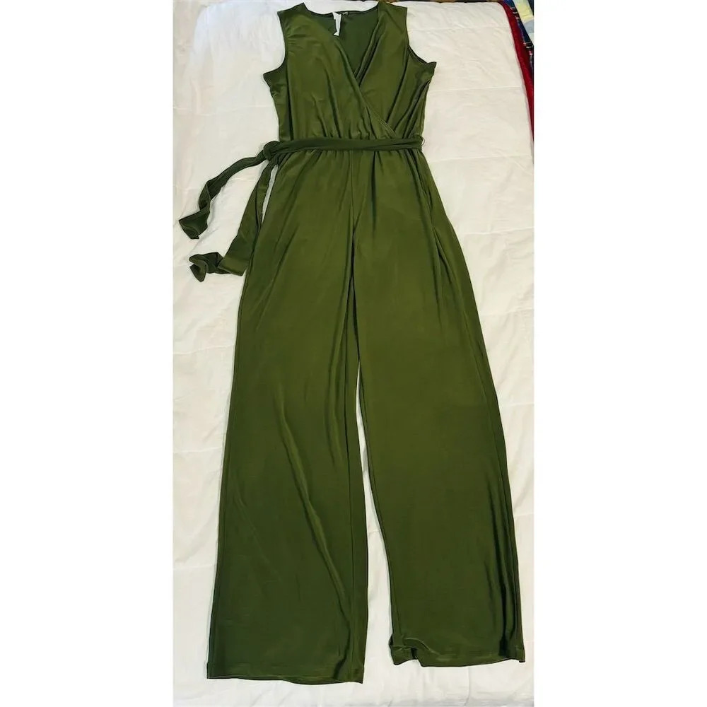 NY Collection Women's Olive Green Sleeveless Wrap Jumpsuit with Belt Size P/S